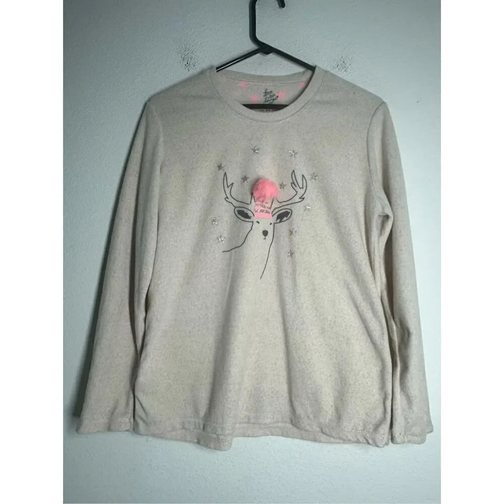 Love To Lounge Women’s Fleece Deer Faux Fur Pompon Trim Pajama Top Size S